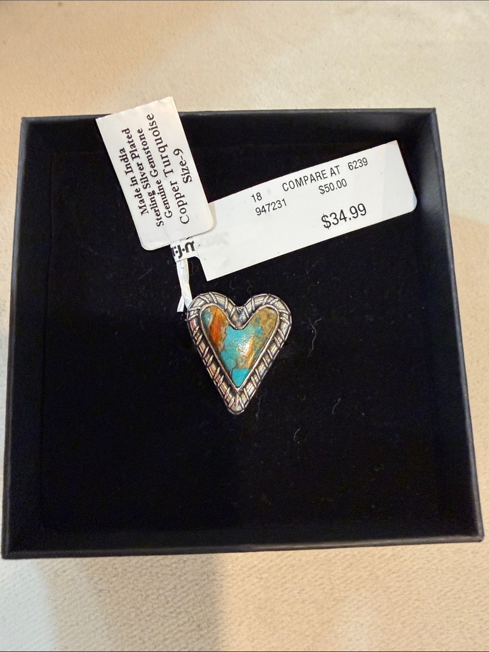 Turquoise Heart Ring Size 9